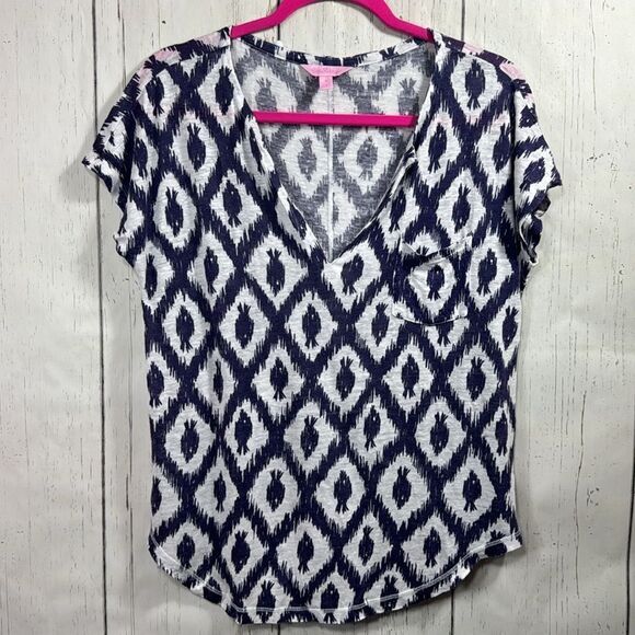 Lilly Pulitzer 100% Linen Duval Fish V Neck Short Sleeve Pocket Lightweight Top - Picture 5 of 14